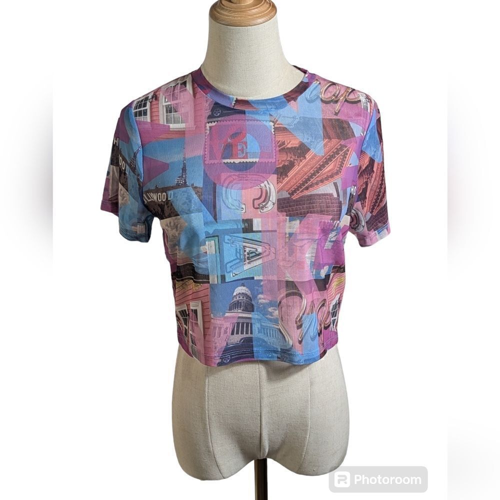 Primark Cropped Mesh Pink & Blue Hollywood Top Shirt